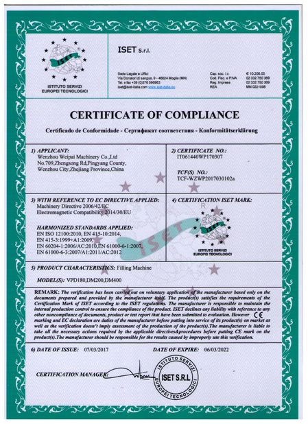 China Wenzhou Weipai Machinery Co.,LTD certificaciones